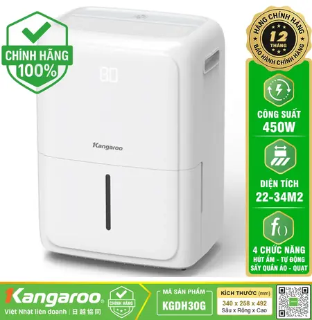 Máy hút ẩm Kangaroo KGDH30G - 30 Lít, Phòng 22 - 34 m2